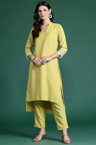 Solid High Low Kurta with Trousers