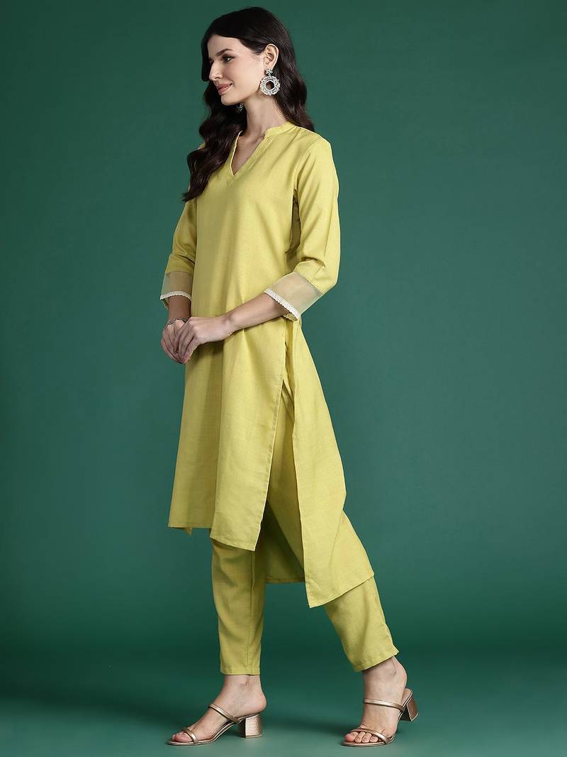 Solid High Low Kurta with Trousers