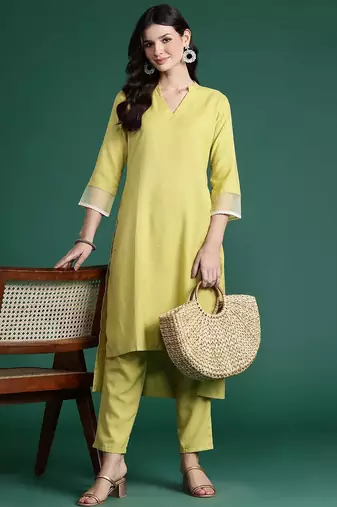 Solid High Low Kurta with Trousers