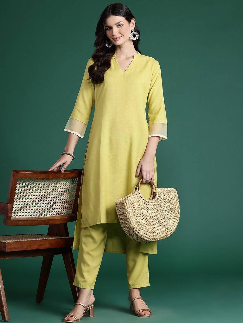 Solid High Low Kurta with Trousers