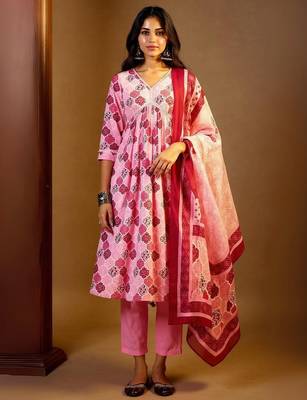 Printed Mirror Work Pure Cotton Kurta With Trousers & Dupatta 1