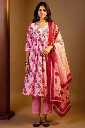 Printed Mirror Work  Cotton Kurta With Trousers & Dupatta
