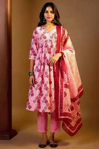 Printed Mirror Work Pure Cotton Kurta With Trousers & Dupatta