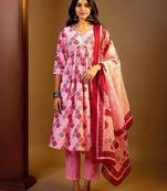 Printed Mirror Work Pure Cotton Kurta With Trousers & Dupatta