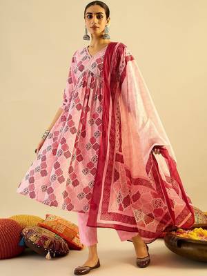 Printed Mirror Work Pure Cotton Kurta With Trousers & Dupatta 2
