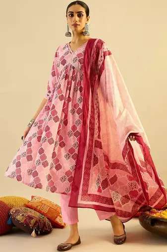 Printed Mirror Work Pure Cotton Kurta With Trousers & Dupatta