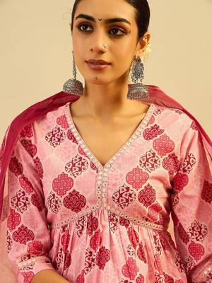 Printed Mirror Work Pure Cotton Kurta With Trousers & Dupatta 3
