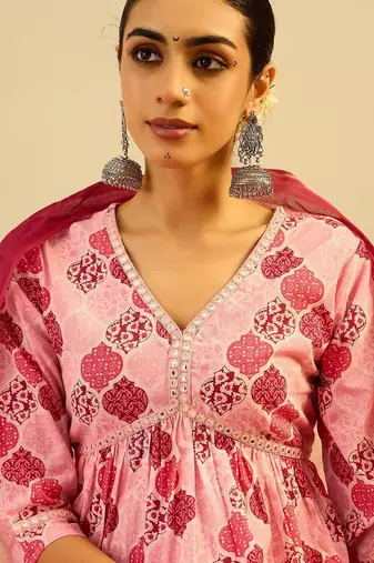 Printed Mirror Work Pure Cotton Kurta With Trousers & Dupatta