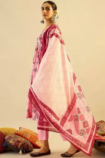 Printed Mirror Work Pure Cotton Kurta With Trousers & Dupatta