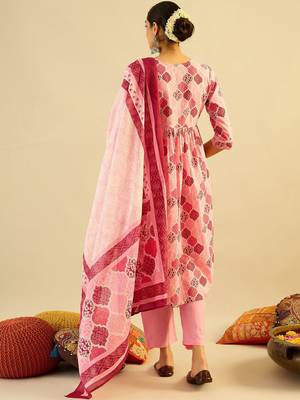 Printed Mirror Work Pure Cotton Kurta With Trousers & Dupatta 7