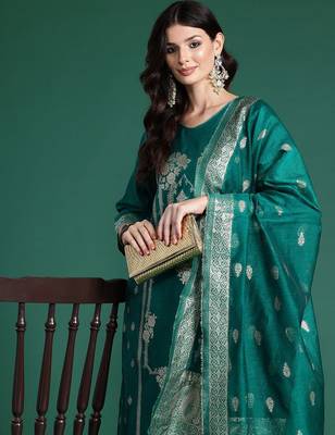 Ethnic Motifs Woven Design Zari Kurta With Trousers & Dupatta 1