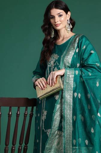 Ethnic Motifs Woven Design Zari Kurta With Trousers & Dupatta