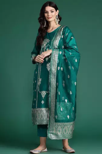 Ethnic Motifs Woven Design Zari Kurta With Trousers & Dupatta