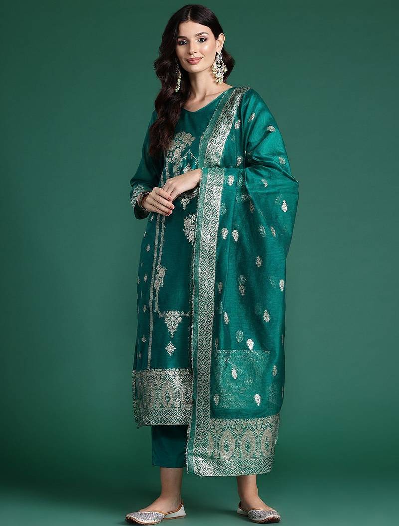 Ethnic Motifs Woven Design Zari Kurta With Trousers & Dupatta