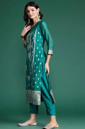 Ethnic Motifs Woven Design Zari Kurta With Trousers & Dupatta
