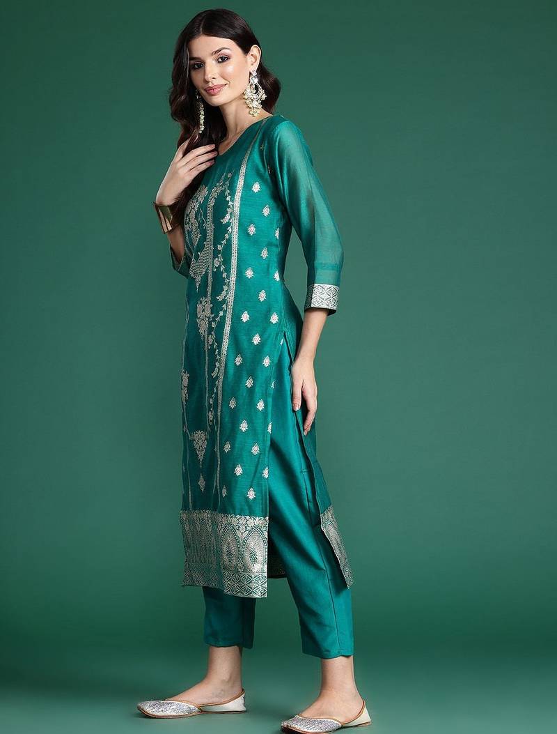 Ethnic Motifs Woven Design Zari Kurta With Trousers & Dupatta