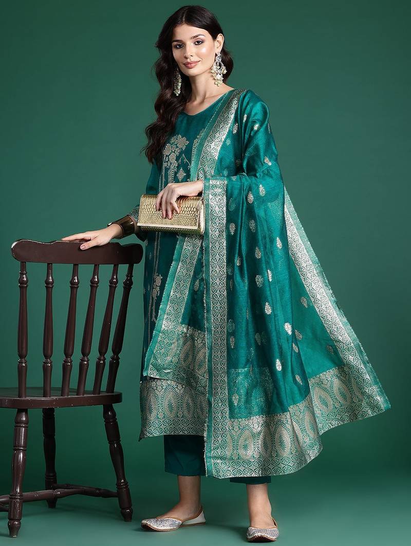 Ethnic Motifs Woven Design Zari Kurta With Trousers & Dupatta