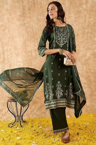 Ethnic Motifs Printed Straight Liva Kurta with Palazzos & Dupatta