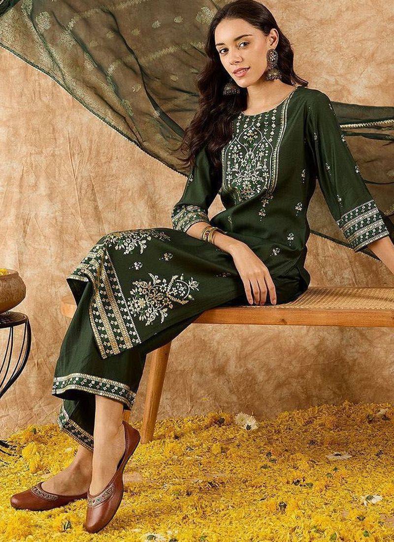 Ethnic Motifs Printed Straight Liva Kurta with Palazzos & Dupatta