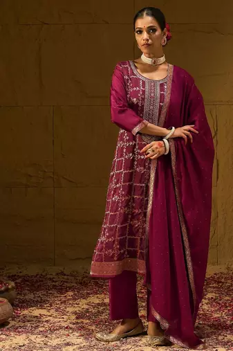 Floral Embroidered Jacquard Straight Kurta With Trousers & Dupatta