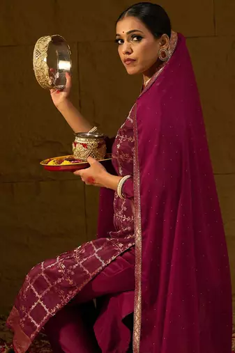 Floral Embroidered Jacquard Straight Kurta With Trousers & Dupatta