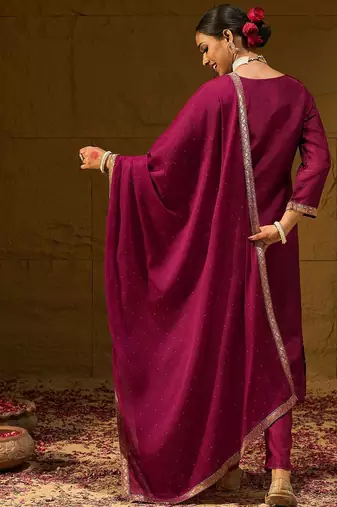 Floral Embroidered Jacquard Straight Kurta With Trousers & Dupatta