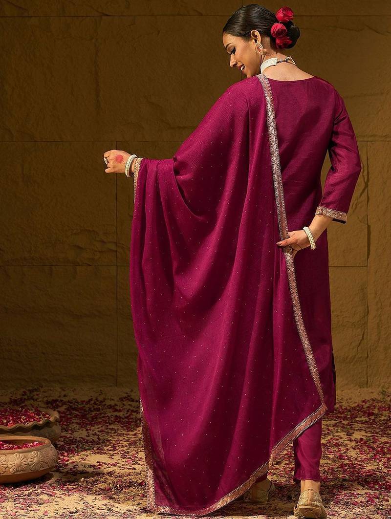 Floral Embroidered Jacquard Straight Kurta With Trousers & Dupatta