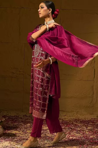 Floral Embroidered Jacquard Straight Kurta With Trousers & Dupatta