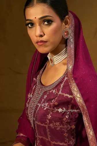 Floral Embroidered Jacquard Straight Kurta With Trousers & Dupatta