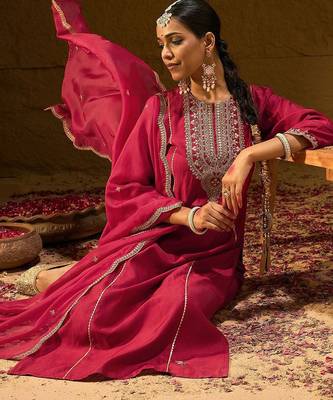 Ethnic Motifs Yoke Design Thread Work Liva Straight Kurta With Trousers & Dupatta 1