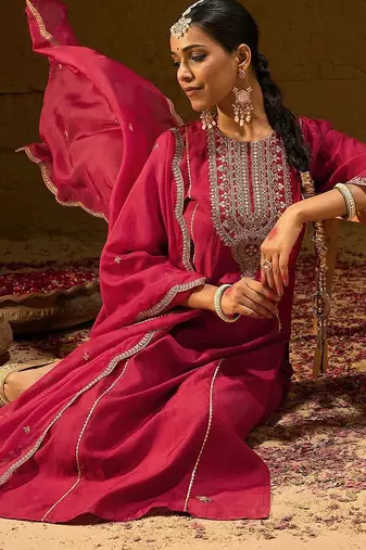 Ethnic Motifs Yoke Design Thread Work Liva Straight Kurta With Trousers & Dupatta