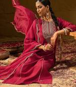 Ethnic Motifs Yoke Design Thread Work Liva Straight Kurta With Trousers & Dupatta