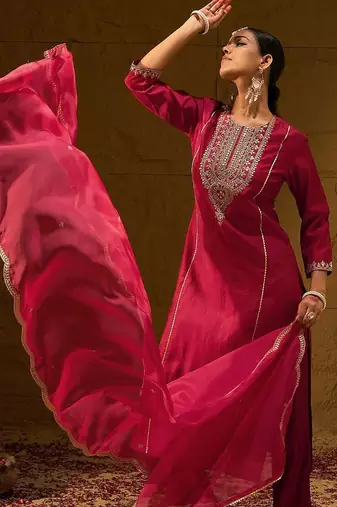 Ethnic Motifs Yoke Design Thread Work Liva Straight Kurta With Trousers & Dupatta