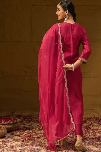 Ethnic Motifs Yoke Design Thread Work Liva Straight Kurta With Trousers & Dupatta