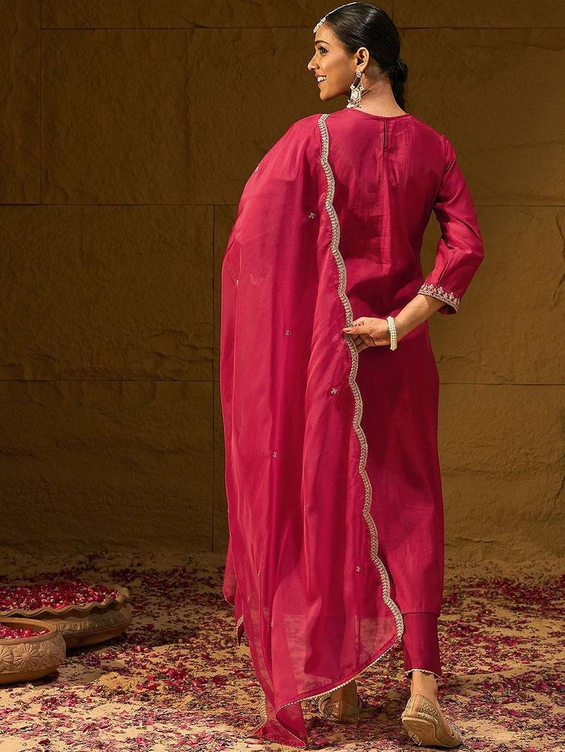 Ethnic Motifs Yoke Design Thread Work Liva Straight Kurta With Trousers & Dupatta