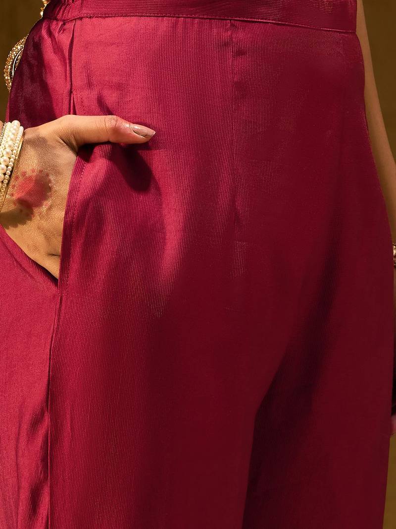 Ethnic Motifs Yoke Design Thread Work Liva Straight Kurta With Trousers & Dupatta