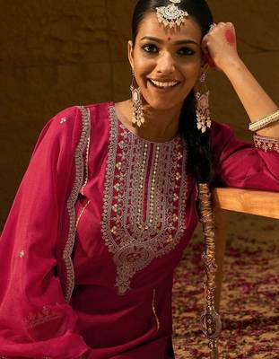 Ethnic Motifs Yoke Design Thread Work Liva Straight Kurta With Trousers & Dupatta 5