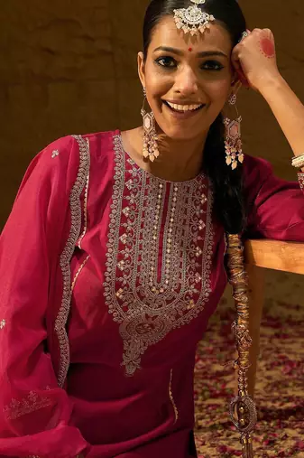 Ethnic Motifs Yoke Design Thread Work Liva Straight Kurta With Trousers & Dupatta