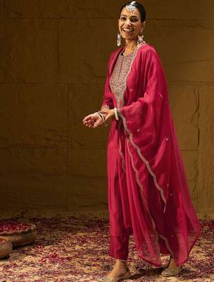 Ethnic Motifs Yoke Design Thread Work Liva Straight Kurta With Trousers & Dupatta 7