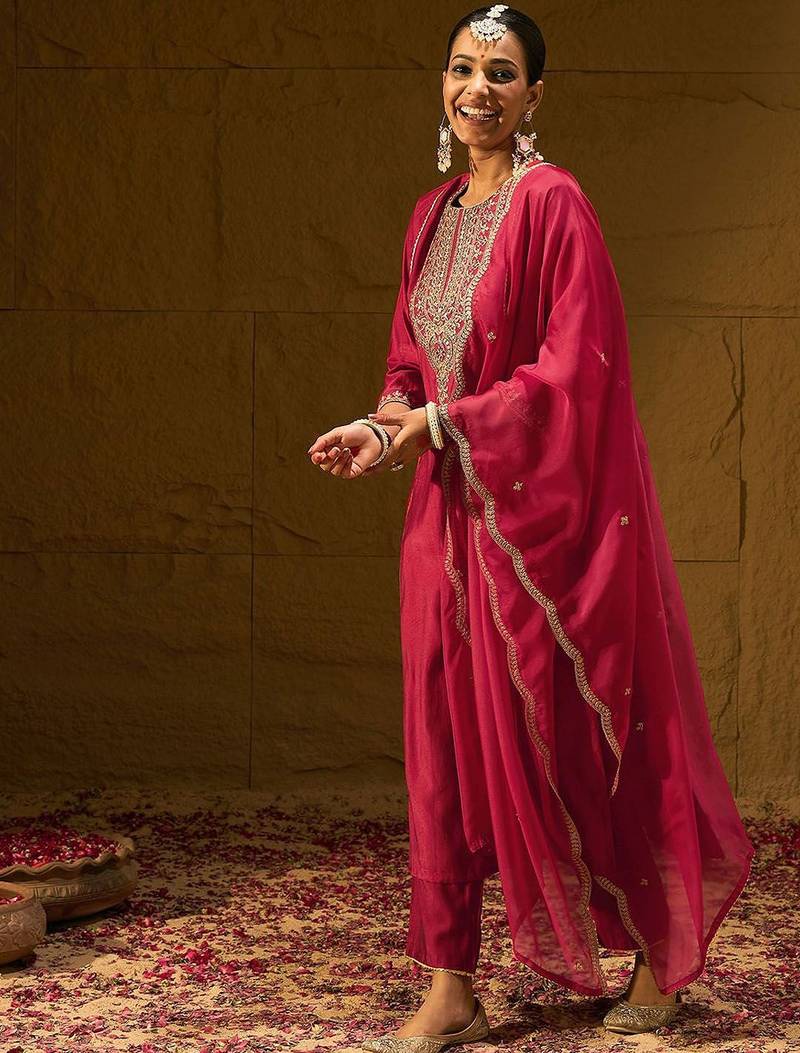 Ethnic Motifs Yoke Design Thread Work Liva Straight Kurta With Trousers & Dupatta