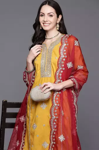 Ethnic Motifs Embroidered Gotta Patti Kurta with Trousers & Dupatta