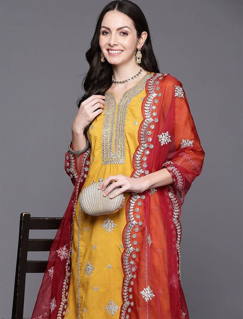 Ethnic Motifs Embroidered Gotta Patti Kurta with Trousers & Dupatta