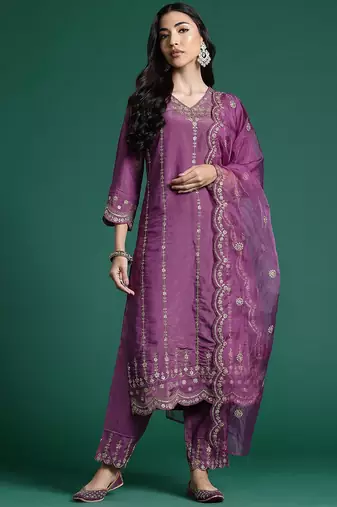 Floral Embroidered Kurta With Trousers & Dupatta