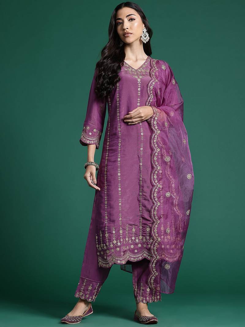 Floral Embroidered Kurta With Trousers & Dupatta