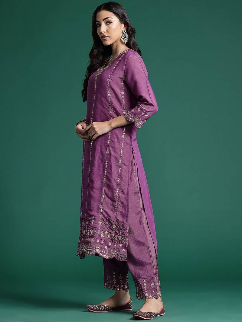 Floral Embroidered Kurta With Trousers & Dupatta