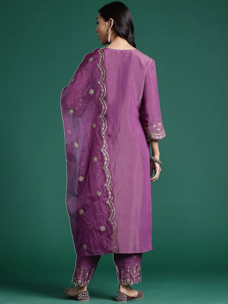 Floral Embroidered Kurta With Trousers & Dupatta