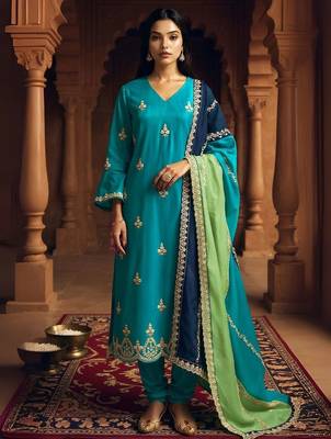 Women Ethnic Motifs Embroidered Regular Sequinned Kurta with Trousers set 1