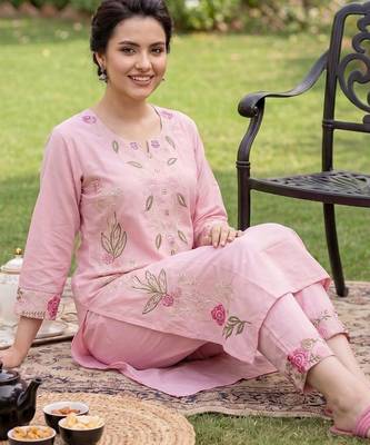 Women Floral Embroidered Regular Mirror Work Pure Cotton Kurta with Trousers 1
