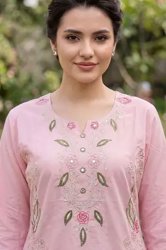 Women Floral Embroidered Regular Mirror Work Pure Cotton Kurta with Trousers
