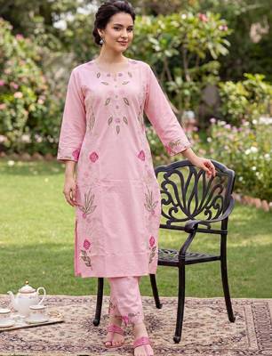 Women Floral Embroidered Regular Mirror Work Pure Cotton Kurta with Trousers 3